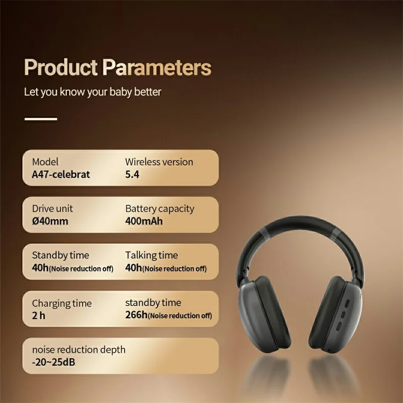 CELEBRAT A47 Wireless Over-Ear Headphone ANC Noise Cancellation Bluetooth-compatible 5.4 Foldable Headset - Black