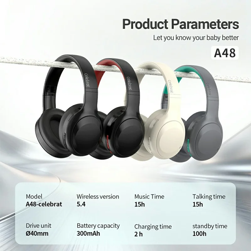 CELEBRAT A48 Wireless Over-Ear Bluetooth-compatible Headphones 40mm Driver Foldable Headset - Beige