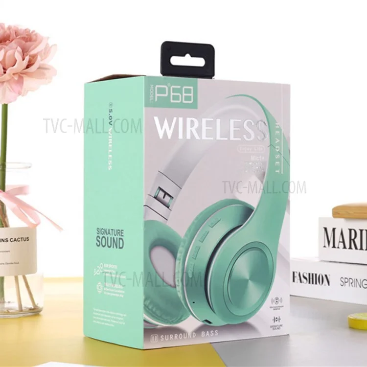 P68 Macaron Style Bluetooth-compatible 5.0 Foldable Wireless Over-ear Headset Headphone Earphone - Green