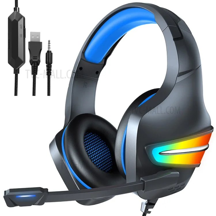 Erxung J6 Gaming Aurtyset RGB Controllo Cablato Luminoso su Cuffie Per le Orecchie Con Microfono - Blu