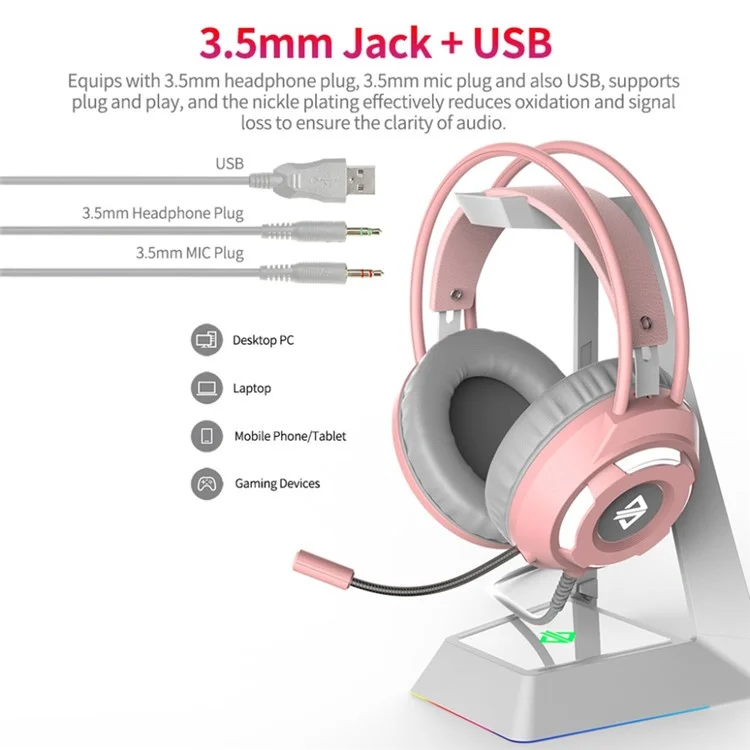 Casque de Jeu Ajazz AX120 Sur le Casque Ear Clee 3,5 mm + Plug USB Avec Micro-réduction du Bruit - Rose