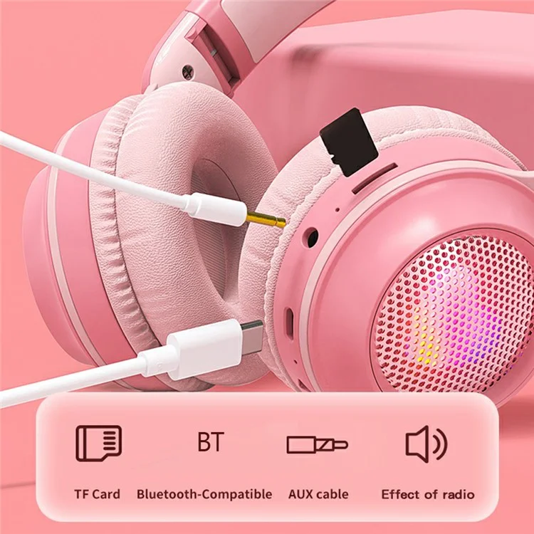 KE-01 Cute Rabbit Ear Foldable Headphone Stereo Music Wireless Bluetooth Headset with Mic - Pink