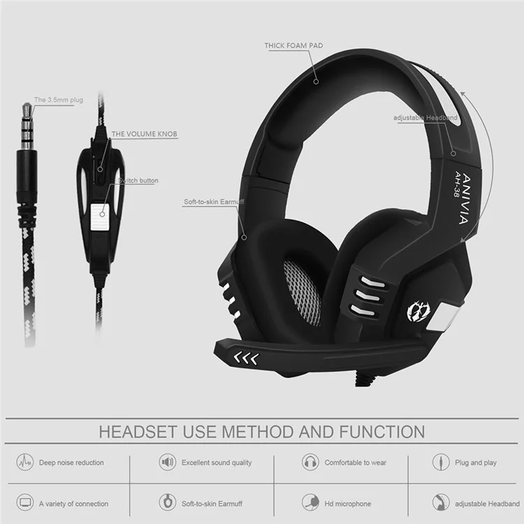 ANIVIA AH38 Casque de Cas de Casque Câblé Monvia Musique de Jeu Stéréo Ordinateur de Jeu Stéréo