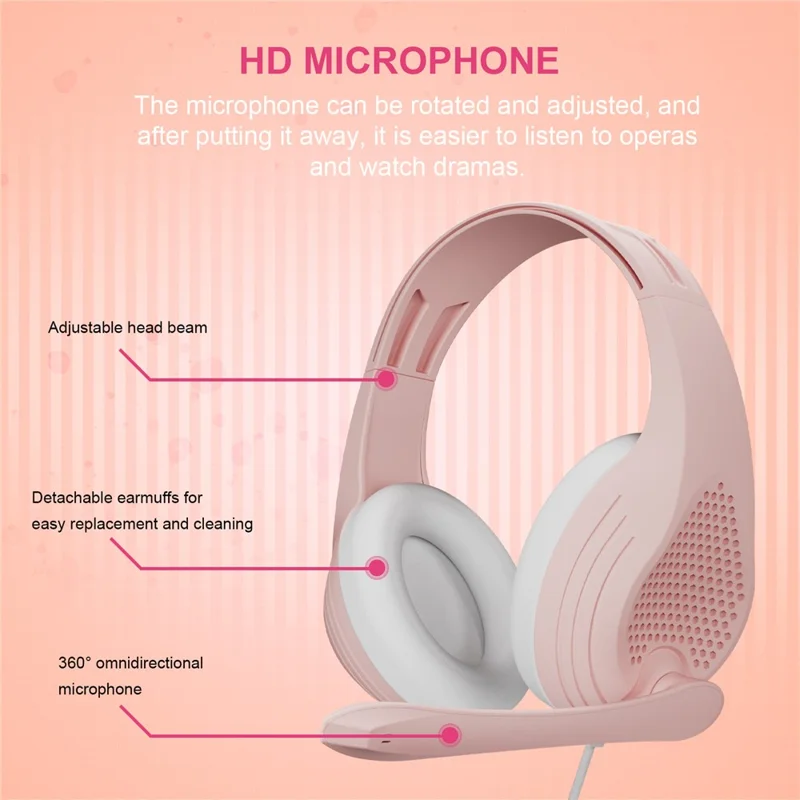 ANIVIA A9 Over-head Wired Bass Stereo Headphone Computer Gaming Music Headset with 3.5mm Audio Jack - Pink