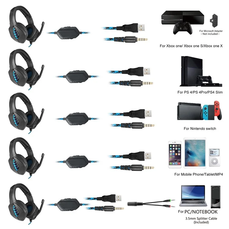 J1 Stéréo Casque De Jeu De Jeu Stéréo Avec Microphone Réduction Du Bruit Écouteur Avec Oreillettes De Lumière LED - Le Noir / Bleu