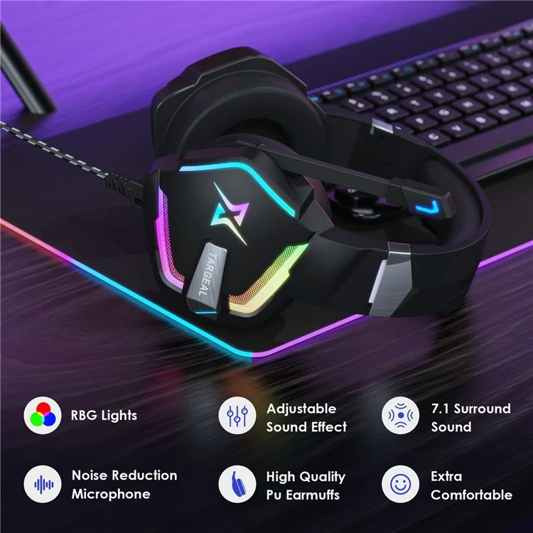 TARGEAL 7.1 Auriculares Envolventes con Cable USB para Juegos de PC, Auriculares con Micrófono con Luz RGB para PS4, Smartphone, Portátil