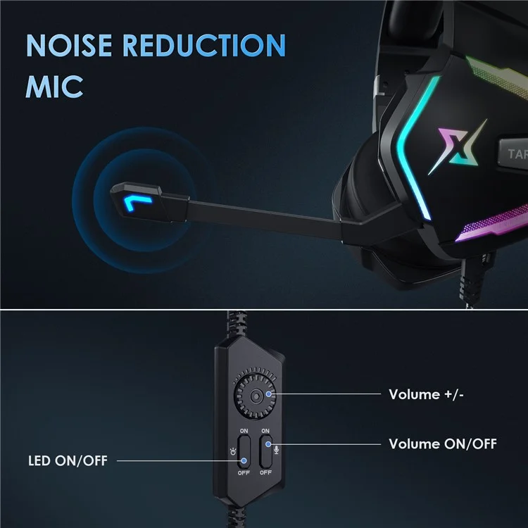 TARGEAL 7.1 Auriculares Envolventes con Cable USB para Juegos de PC, Auriculares con Micrófono con Luz RGB para PS4, Smartphone, Portátil