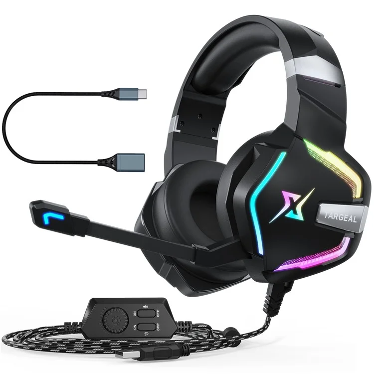 TARGEAL 7.1 Auriculares Envolventes con Cable USB para Juegos de PC, Auriculares con Micrófono con Luz RGB para PS4, Smartphone, Portátil