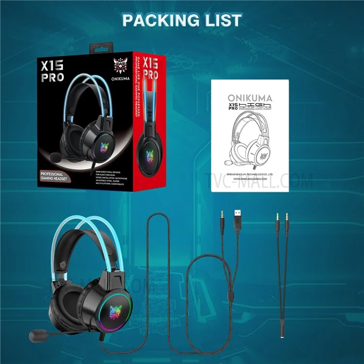 ONIKUMA X15 Pro Gaming Headset Cuffie da gioco cablate 3,5 mm con effetto di illuminazione RGB surround sound