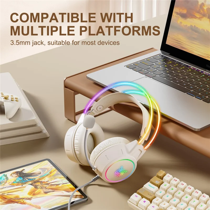 ONIKUMA X15 Pro Gaming Headset 3.5mm Wired Headset Surround Sound Gaming Headphone with RGB Lighting Effect - Beige