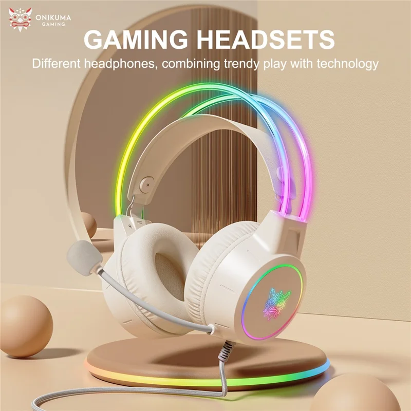 ONIKUMA X15 Pro Gaming Headset 3.5mm Wired Headset Surround Sound Gaming Headphone with RGB Lighting Effect - Beige