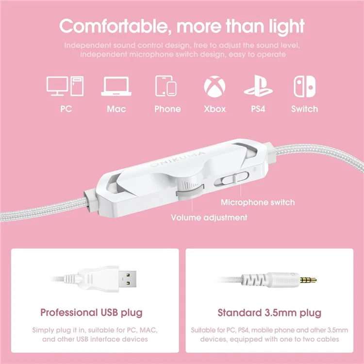 ONIKUMA X10 Fone de ouvido com design de desenhos animados fofos com conexão USB+3,5 mm com fio para computador, laptop, jogos e música 