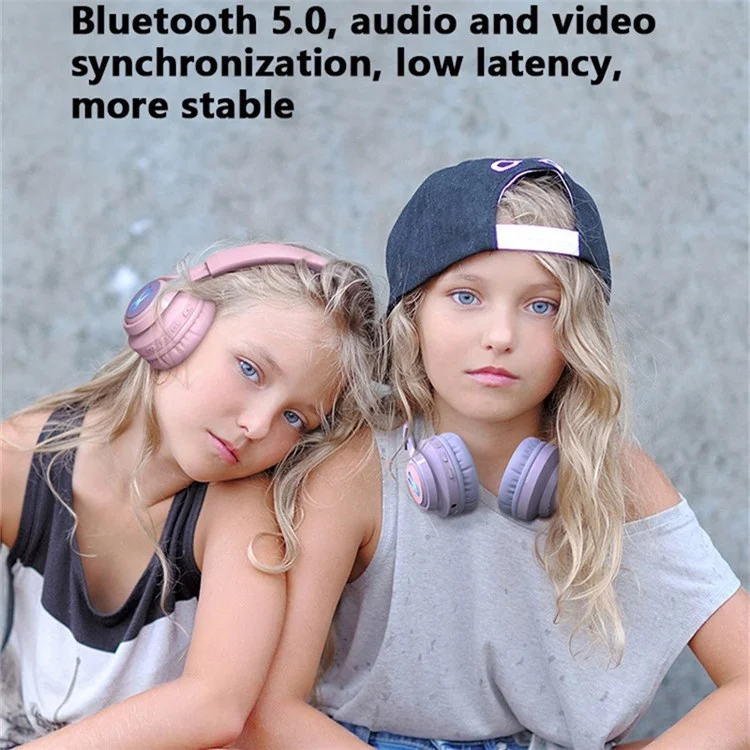 BT06+ Folding Over-ear Headset Cute Wireless Bluetooth-compatible Kid's Headphone With Microphone LED Light - Pink