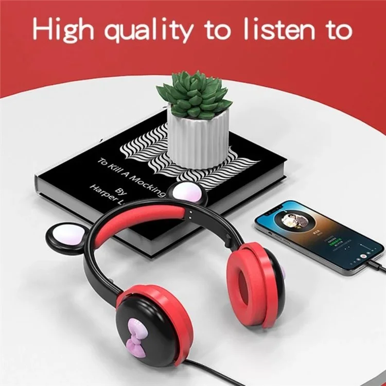 BK7 Cute Bear Auriculares inalámbricos Bluetooth Auricular con luz LED de dibujos animados sobre el oído Auriculares Regalo para niños (Certificado CE) - Negro/Rojo