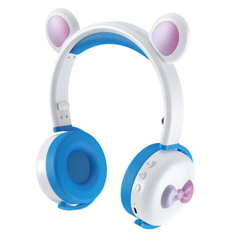 BK7 Cute Bear Wireless Bluetooth-compatible Headset Cartoon LED Light AUX-In Over Ear Headphone Children's Gift (CE Certificated) - Sky Blue/White