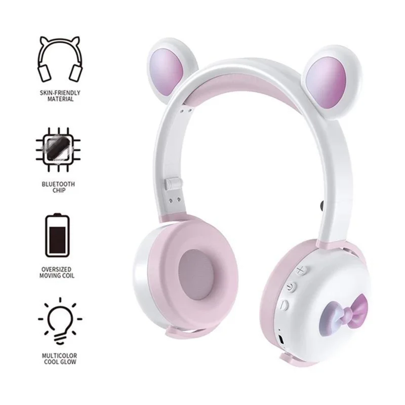 BK7 Cute Bear Wireless Bluetooth-compatible Headset Cartoon LED Light AUX-In Over Ear Headphone Children's Gift (CE Certificated) - Sky Blue/White