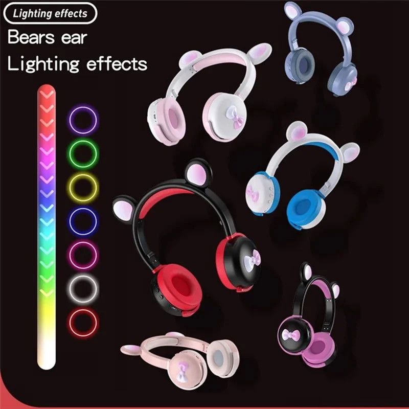 BK7 Cute Bear Wireless Bluetooth-compatible Headset Cartoon LED Light AUX-In Over Ear Headphone Children's Gift (CE Certificated) - Sky Blue/White