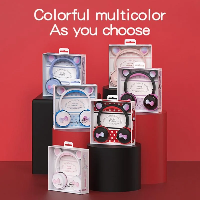 BK7 Cute Bear Wireless Bluetooth-compatible Headset Cartoon LED Light AUX-In Over Ear Headphone Children's Gift (CE Certificated) - Blue