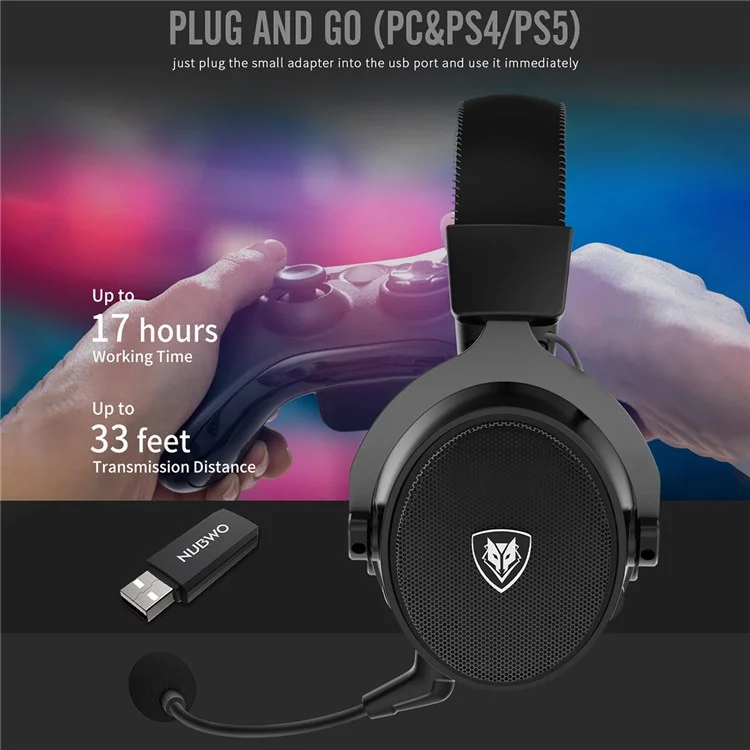 Nubwo G07 2,4G Gaming Headset Wireless Headphone Mit Rauschreduktionsmikrofon -Stereo -Stereo -Hörer Für PC, Laptops, PS4, PS5, Nintendo Switch - Schwarz