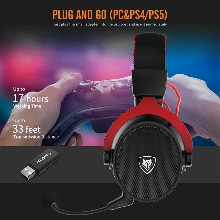 NUBWO G07 2.4G Gaming-Headset Kabellose Kopfhörer mit Rauschunterdrückung Mikrofon Stereo-Funkkopfhörer für PC, Laptops, PS4, PS5, Nintendo Switch - Schwarz / Rot