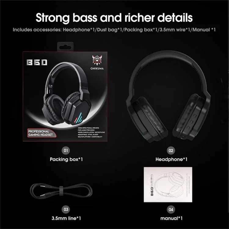 ONIKUMA B60 Wireless Gaming Headset Over-ear Noise Cancelling 2.4G Bluetooth-compatible Lighting Headphone for PS4 PS5 Computer Type C Phone