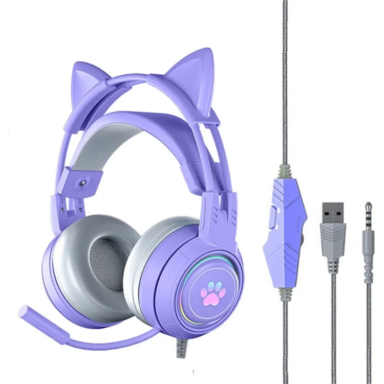 SY-G25 RGB Light Wired Headset Cat Ear Decorated Headphones with Noise Cancelling Mic 3.5mm Gaming Earphones for E-Sports - Purple