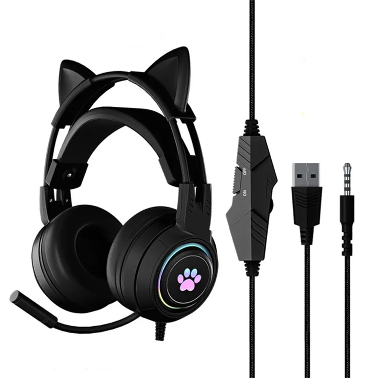 SY-G25 RGB Light Wired Headset Cat Ear Decorated Headphones with Noise Cancelling Mic 3.5mm Gaming Earphones for E-Sports - Black