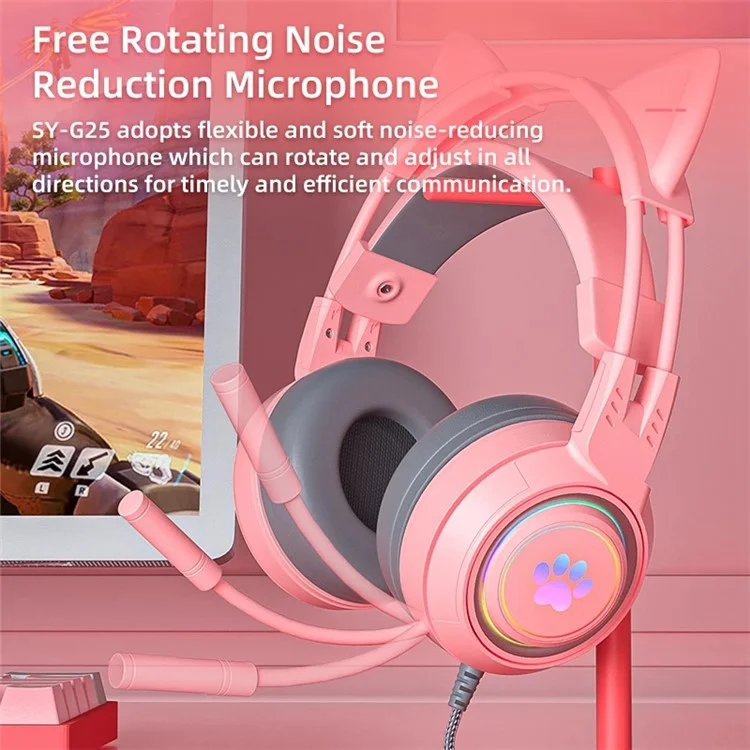 SY-G25 RGB Light Wired Headset Cat Ear Decorated Headphones with Noise Cancelling Mic 3.5mm Gaming Earphones for E-Sports - Black