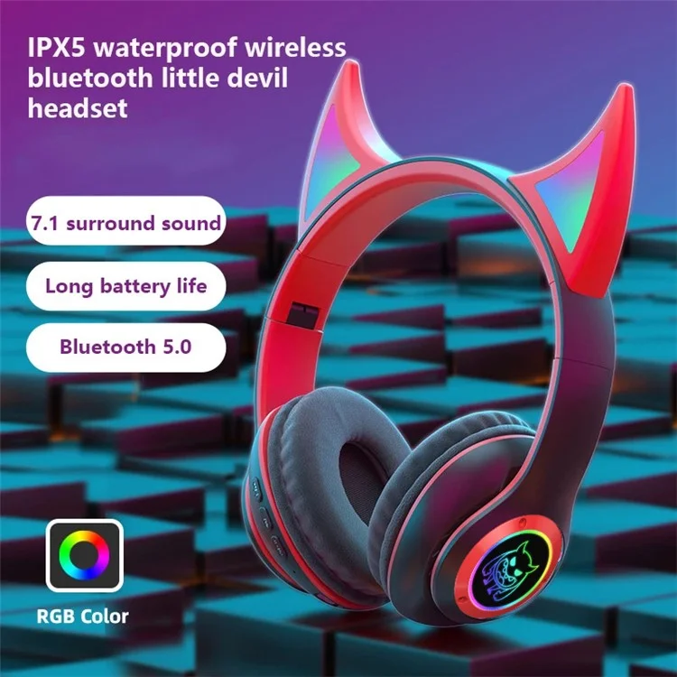 STN25 Kids Devil Ears Headset Mit HD -mikrofon -wireless -kopfhörer RGB Leichte Faltfalt -ohrhörer Unterstützt 3,5 -mm -audio -kabel -kabelverbindung - Schwarz / Rot