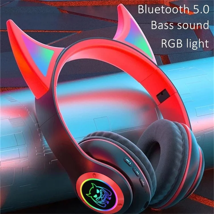 STN25 Kids Devil Ears Headset Mit HD -mikrofon -wireless -kopfhörer RGB Leichte Faltfalt -ohrhörer Unterstützt 3,5 -mm -audio -kabel -kabelverbindung - Schwarz / Rot