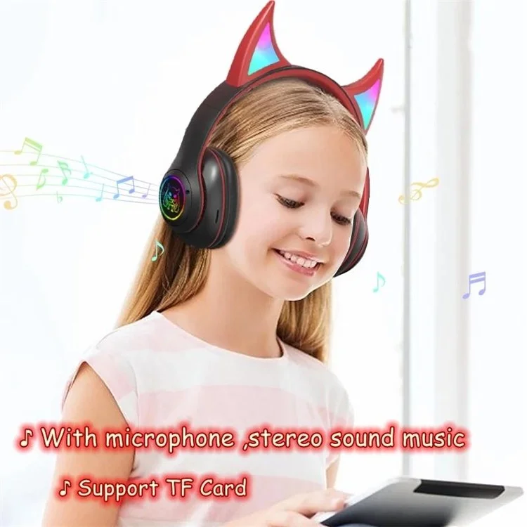 STN25 Kids Devil Ears Headset Mit HD -mikrofon -wireless -kopfhörer RGB Leichte Faltfalt -ohrhörer Unterstützt 3,5 -mm -audio -kabel -kabelverbindung - Schwarz / Rot