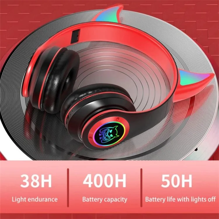 STN25 Kids Devil Ears Headset Mit HD -mikrofon -wireless -kopfhörer RGB Leichte Faltfalt -ohrhörer Unterstützt 3,5 -mm -audio -kabel -kabelverbindung - Schwarz / Rot