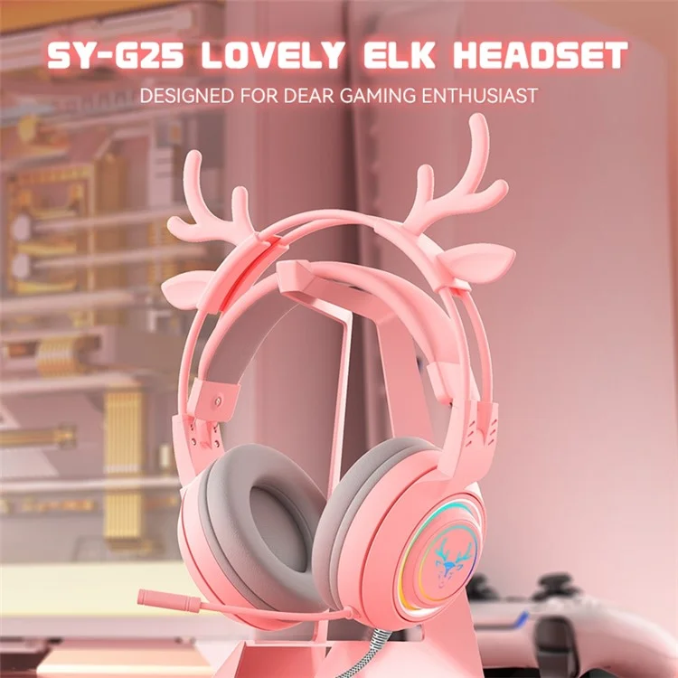 SY-G25 Deer Antler Wired Headset RGB Light Headphones with Noise Cancelling Mic 3.5mm Gaming Earphones for E-Sports - Purple