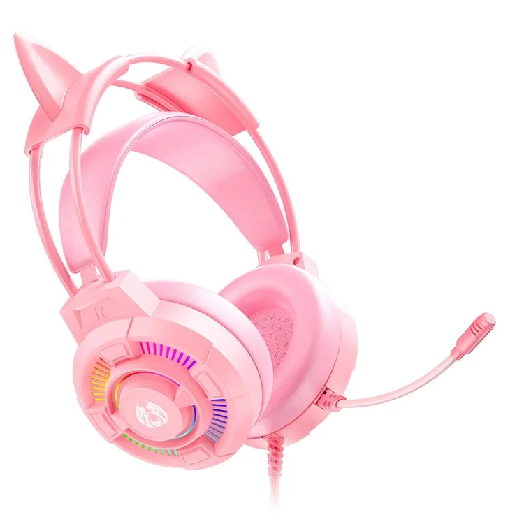 BATXELLENT H81 Auriculares de juego con iluminación RGB con cable, con micrófono con cancelación de ruido, diseño de orejas de gato - Rosa 