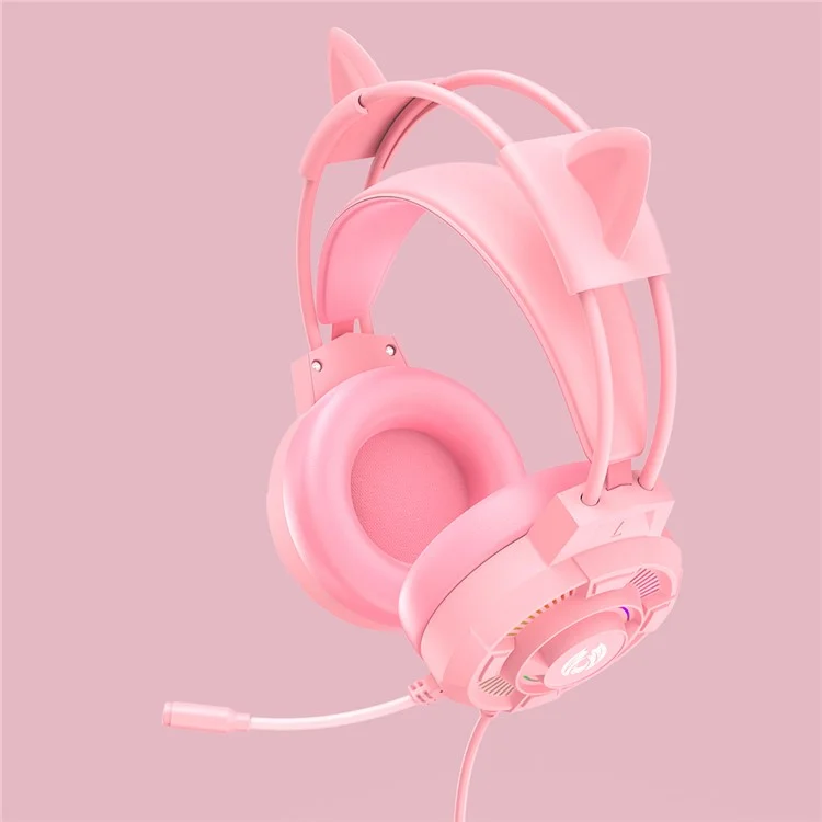 BATXELLENT H81 Auriculares de juego con iluminación RGB con cable, con micrófono con cancelación de ruido, diseño de orejas de gato - Rosa 