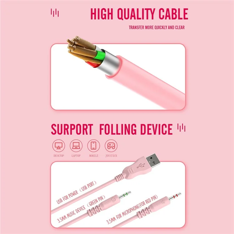 BATXELLENT H81 Auriculares de juego con iluminación RGB con cable, con micrófono con cancelación de ruido, diseño de orejas de gato - Rosa 