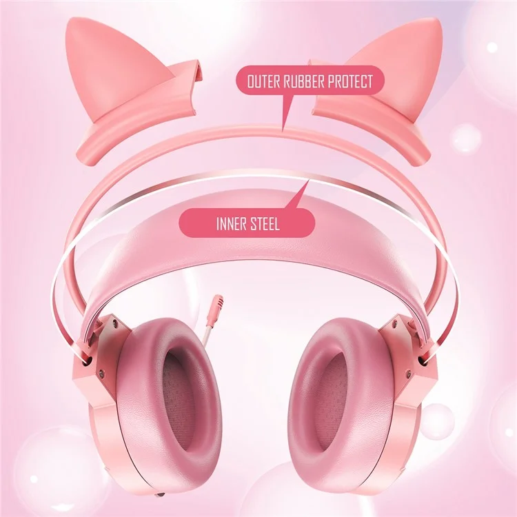 BATXELLENT H81 Auriculares de juego con iluminación RGB con cable, con micrófono con cancelación de ruido, diseño de orejas de gato - Rosa 