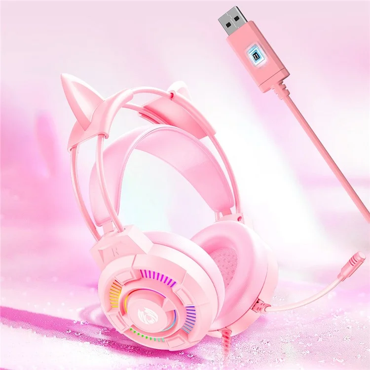 BATXELLENT H81 Auriculares de juego con iluminación RGB con cable, con micrófono con cancelación de ruido, diseño de orejas de gato - Rosa 