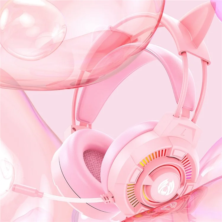 BATXELLENT H81 Auriculares de juego con iluminación RGB con cable, con micrófono con cancelación de ruido, diseño de orejas de gato - Rosa 