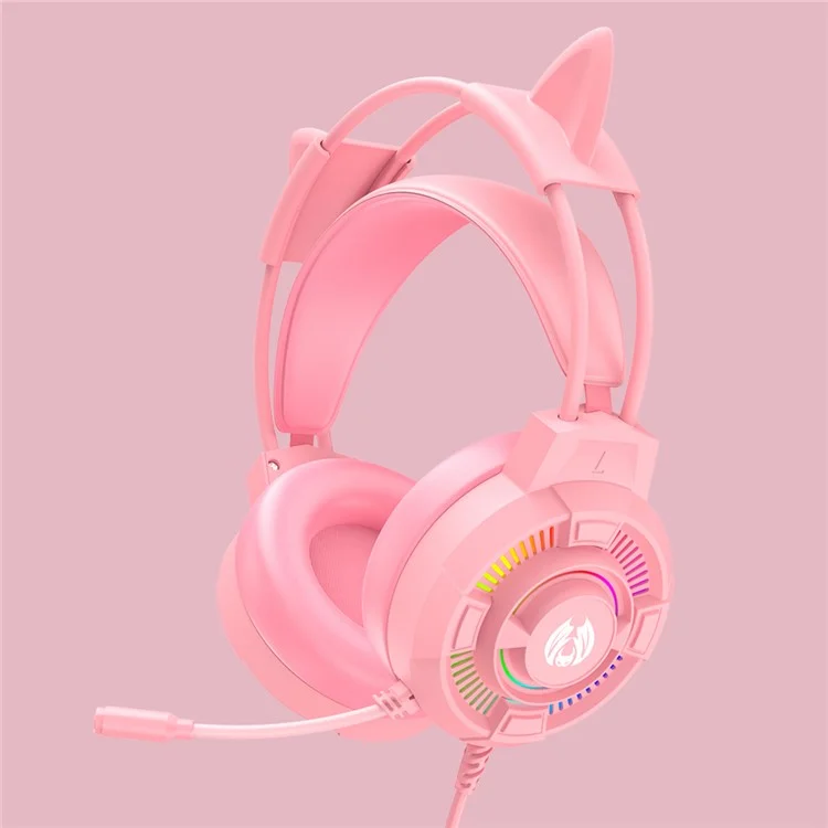 BATXELLENT H81 Auriculares de juego con iluminación RGB con cable, con micrófono con cancelación de ruido, diseño de orejas de gato - Rosa 