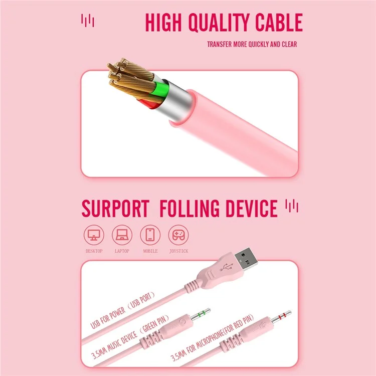 BATXELLENT H82 Wired Headphone RGB Light Gaming Headset with Noise Cancelling Mic - Pink
