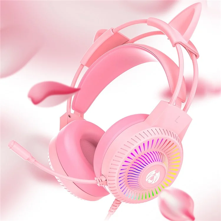 BATXELLENT H82 Fone de Ouvido com Design de Orelha de Gato com Luz RGB Headset Gamer com Microfone de Cancelamento de Ruído - Rosa 