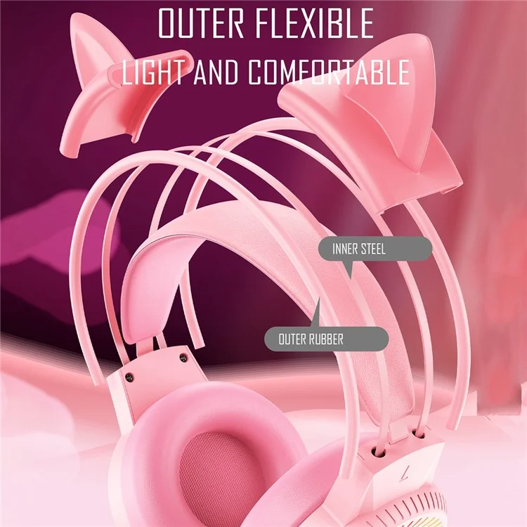BATXELLENT H82 Fone de Ouvido com Design de Orelha de Gato com Luz RGB Headset Gamer com Microfone de Cancelamento de Ruído - Rosa 