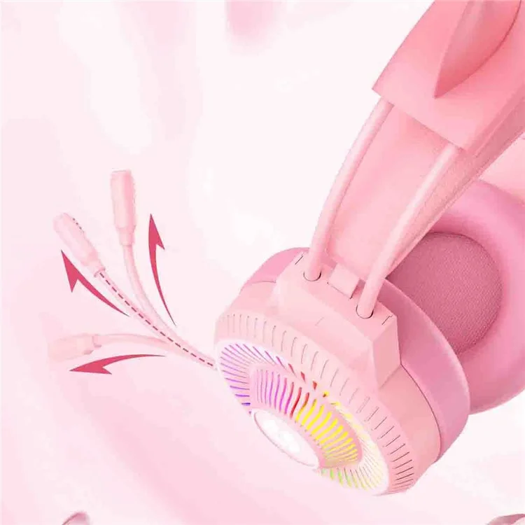 BATXELLENT H82 Fone de Ouvido com Design de Orelha de Gato com Luz RGB Headset Gamer com Microfone de Cancelamento de Ruído - Rosa 