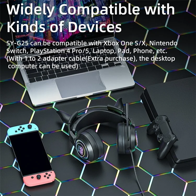 SY-G25 Devil Ears Design RGB Lighting Control Control Gami Earphone 3D Surround Game Game Game Avec HD Mic - le Noir