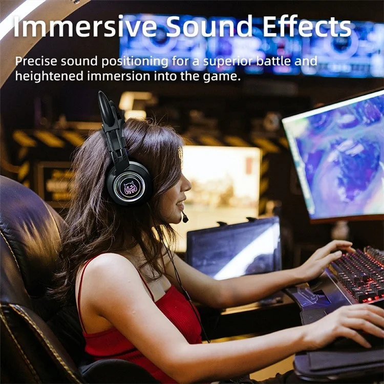SY-G25 Devil Ears Design RGB Lighting Control Control Gami Earphone 3D Surround Game Game Game Avec HD Mic - le Noir