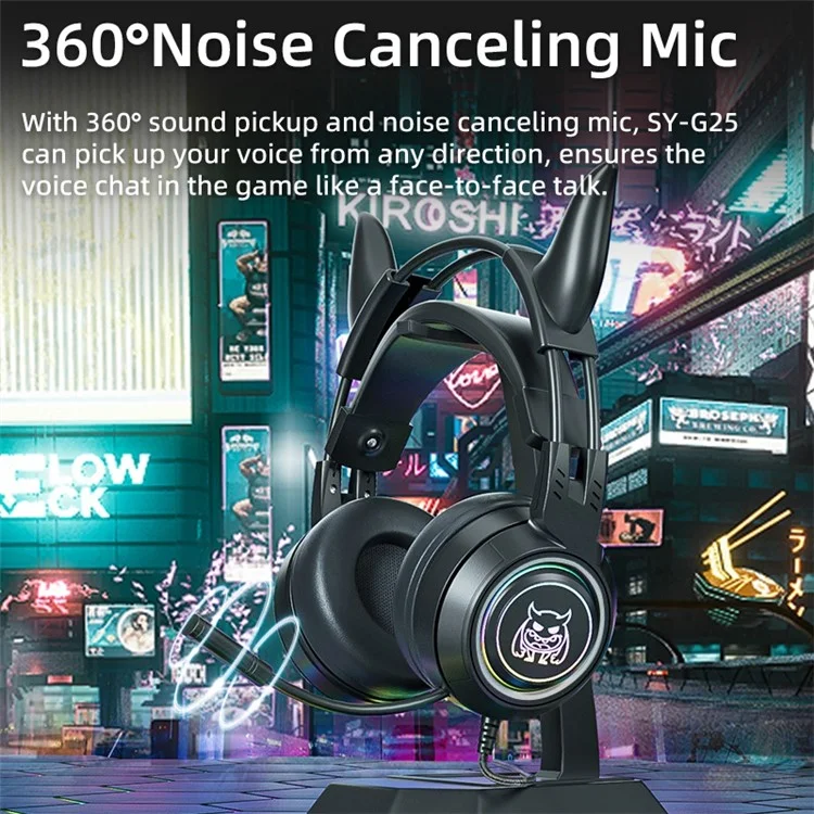 SY-G25 Devil Ears Design RGB Lighting Control Control Gami Earphone 3D Surround Game Game Game Avec HD Mic - le Noir
