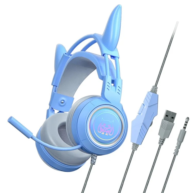SY-G25 Devil Ears Design RGB Lighting Wired Control Gaming Earphone 3D Surround Sound Game Headset with HD Mic - Blue