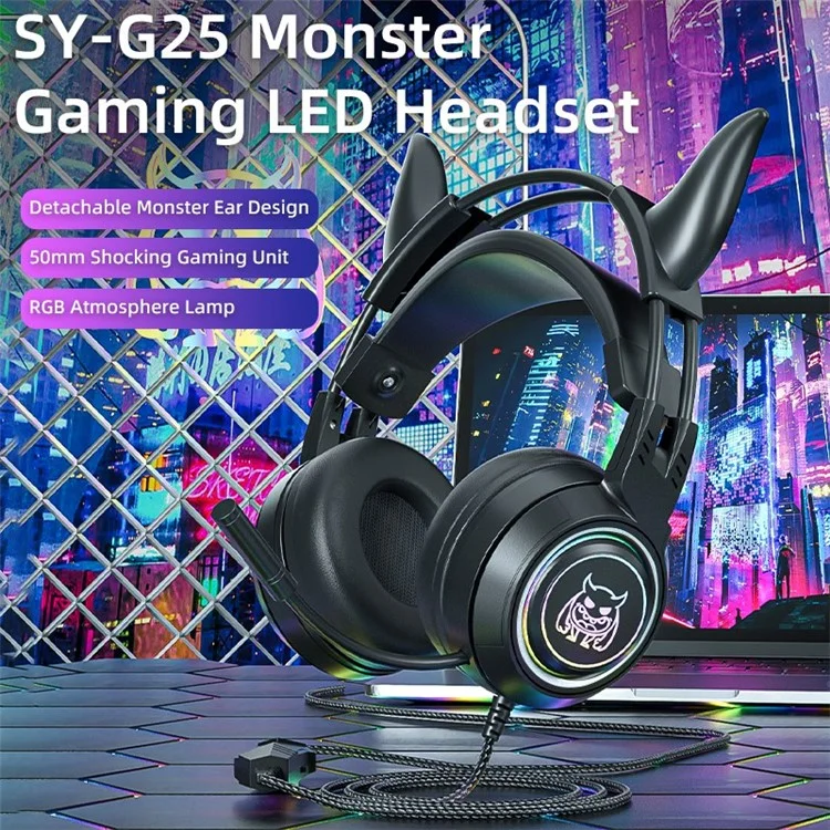 SY-G25 Devil Ears Design RGB Lighting Wired Control Gaming Earphone 3D Surround Sound Game Headset with HD Mic - Blue