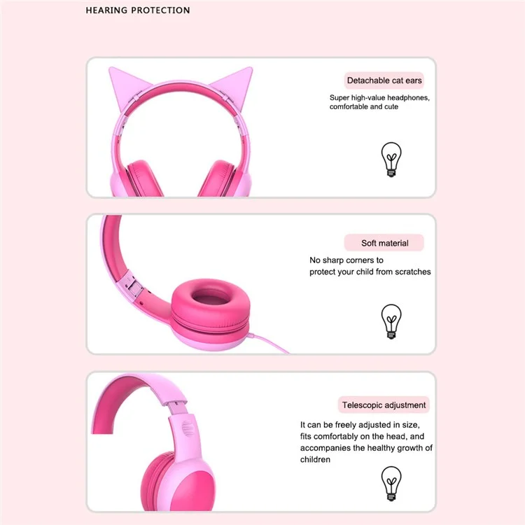 Gorsun GS-E61V 3,5 mm Verkabelte Kinder Kopfhörer Faltbare Kinder Musik Headset Mit Abnehmbaren Katzenohren Dekor - Rosa